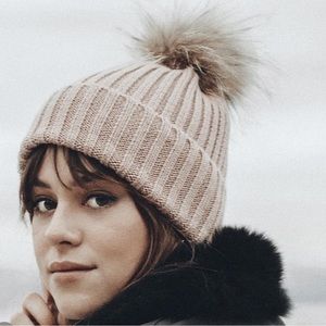 Camel & Natural Pompom Fur Beanie